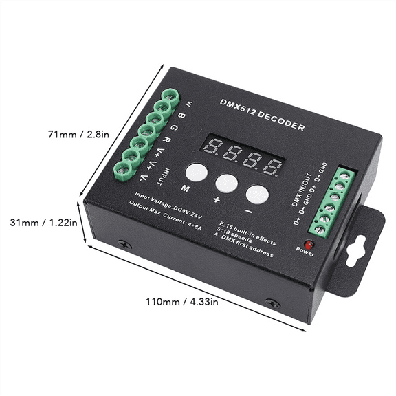 LED Decoder, DMX512 RGBW Controller, 15 Built in Lighting Effects, for Stage Lighting Module, RGBW, DC9V DC24V,1 * DMX512 LED decoder kit,black