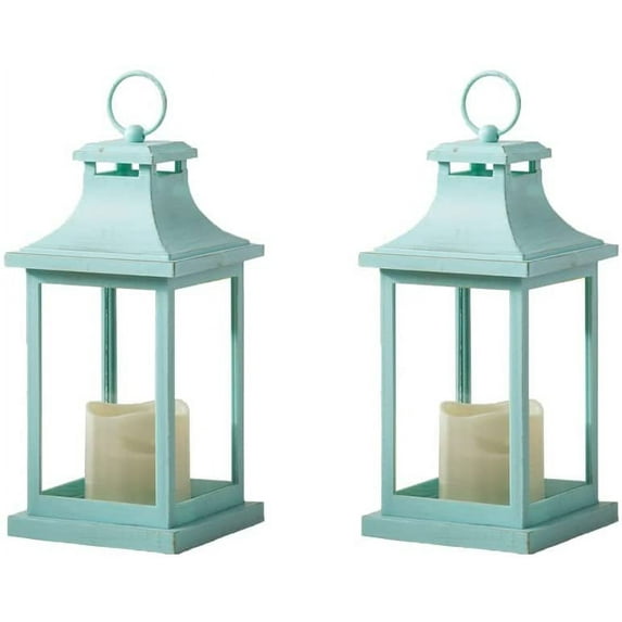 LED Decorative Lanterns - Set of 2 - Kate Aspen Blue Vintage Rustic Home Décor Lantern Tabel Centerpiece for Wedding, Bridal Shower, Anniversary Party - Hampton