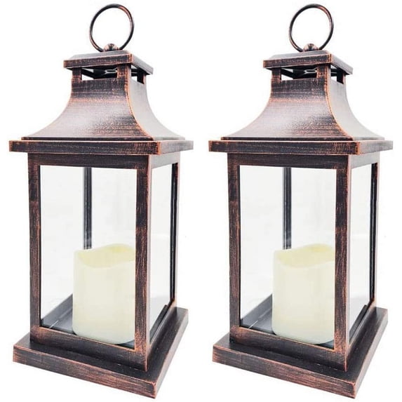 LED Decorative Lanterns - Set of 2 - Kate Aspen Vintage Rustic Home Décor Lantern Tabel Centerpiece for Wedding, Bridal Shower, Anniversary Party - Copper