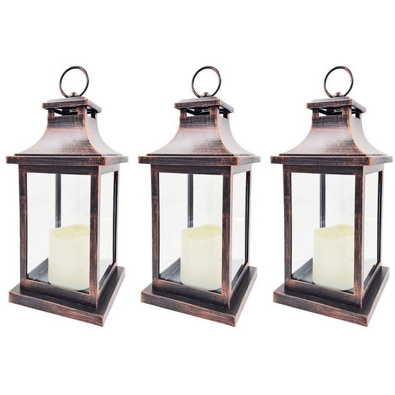 LED Decorative Lanterns - Set of 3 - Kate Aspen Vintage Rustic Home Décor Lantern Tabel Centerpiece for Wedding, Bridal Shower, Anniversary Party - Copper