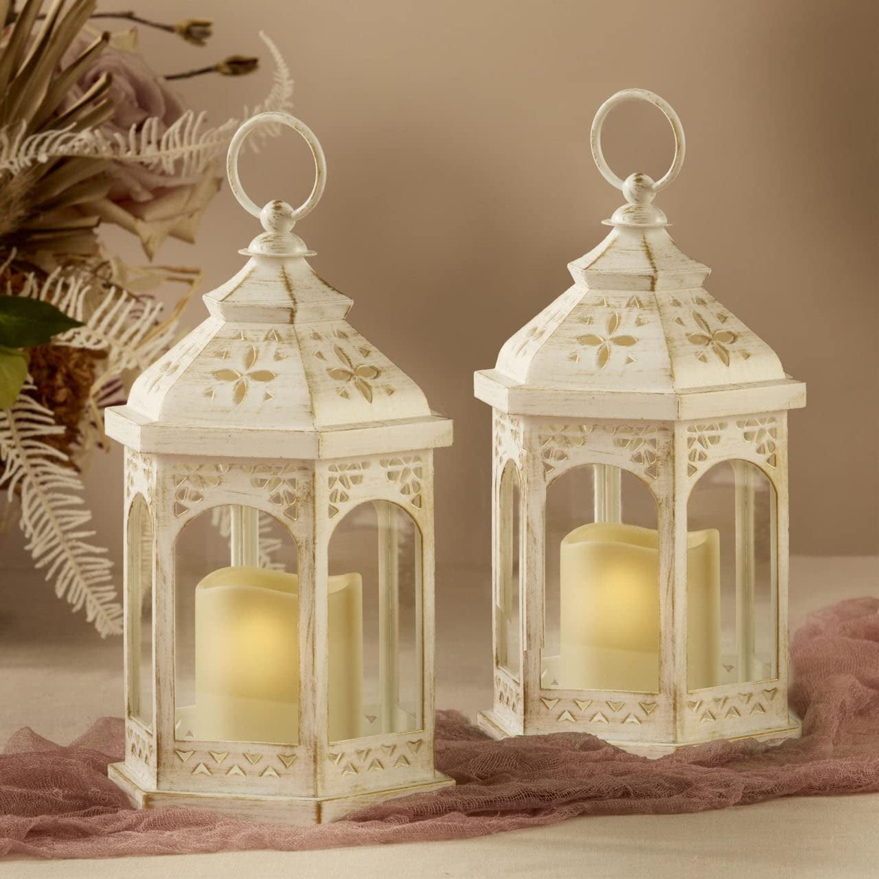 LED Decorative Lanterns - Set of 4 - Kate Aspen Vintage Rustic Home Dcor Lantern Tabel Centerpiece for Wedding, Bridal Shower, Anniversary Party - White Hexagon