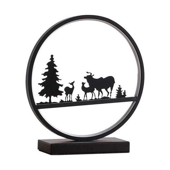 LED Deer Table Lamp - 12.75" Matte Black Metal Bedside Lamp with Integrated Bulb - Modern Circular Design Living Room, Bedroom Decor - 64" Cord & Inline Switch