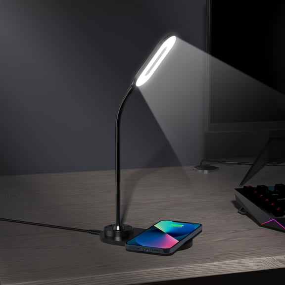 LED Desk Lamp with 10W Wireless Charging & 3 Color Modes – Touch Control, Adjustable Gooseneck, Eye-Caring Light for Home Office – Black/White – Includes Charging Cable