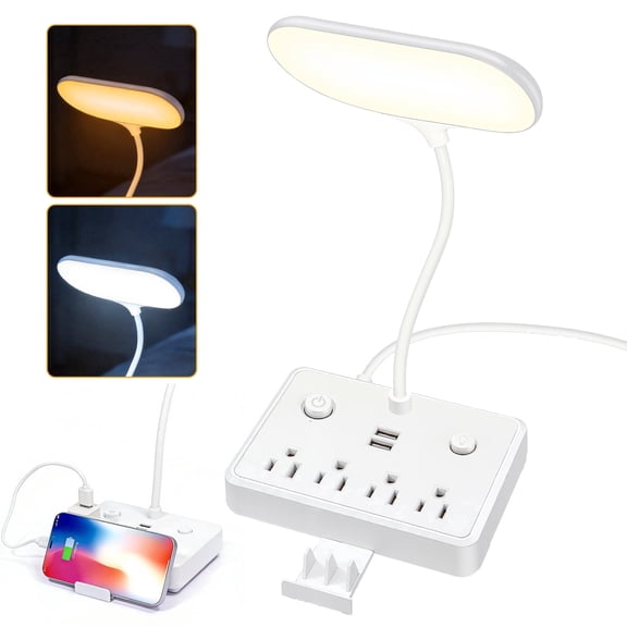 LED Desk Lamp, 4 AC Outlets & 2 USB Ports, 2 Color Temperatures, Foldable, 4FT Extension Cord, Eye-Caring Desk Light for Home Office, Dorm Room, Workbench