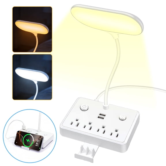 LED Desk Lamp, 4 AC Outlets & 2 USB Ports, 2 Color Temperatures, Foldable, 4FT Extension Cord, Eye-Caring Desk Light for Home Office, Dorm Room, Workbench