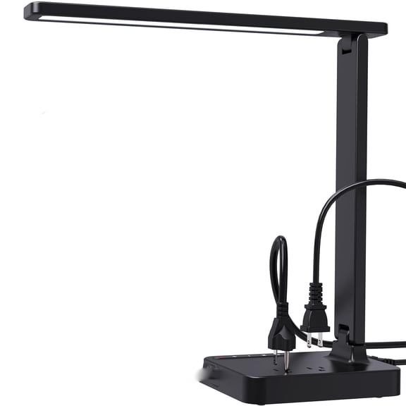 LED Desk Lamp with 2 USB Ports & 2 AC Outlets, Modern Foldable Table Lamp for Home Office, Dorm Room, 3 Lighting Modes, 3 Brightness Levels, Touch Control, Timer, Eye-Caring, Black