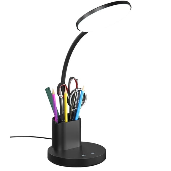 LED Desk Lamp, 3 Color Modes Dimmable Touch Table Lamp, 360 Adjustable Arm with Pen Holder and Phone Holder, Eye Caring Light for Office, College Dorm, Study Room, Black