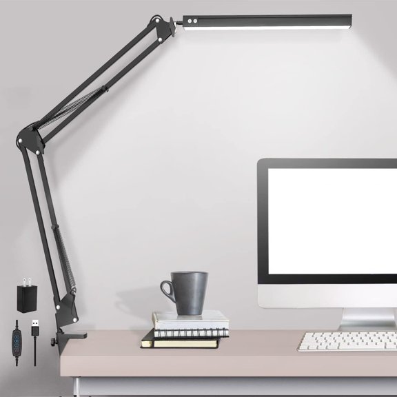 LED Desk Lamp,Adjustable Swing Arm Desk Lamp with Clamp,Dimmable Desk Light Eye-Care Table Light, Memory Function, 3 Color Modes, 10-Level Brightness Table Lamp for , Office, Study, Reading