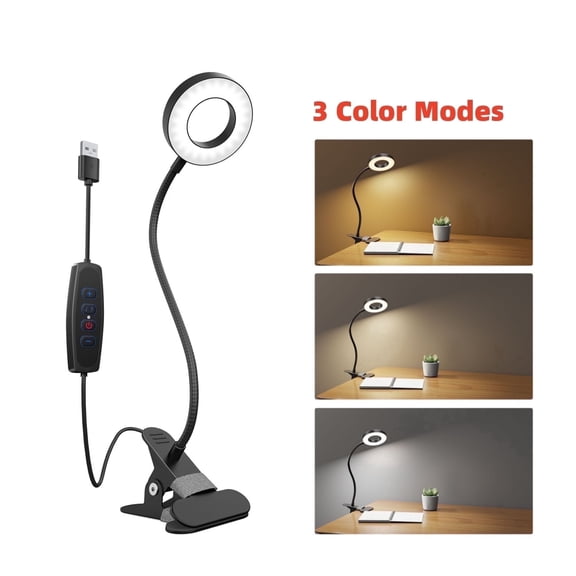 LED Desk Lamp & Book Light, Clip on Flexible Arm, 3 Modes, 10 Brightness, Eye-Caring, Black, RAOYI