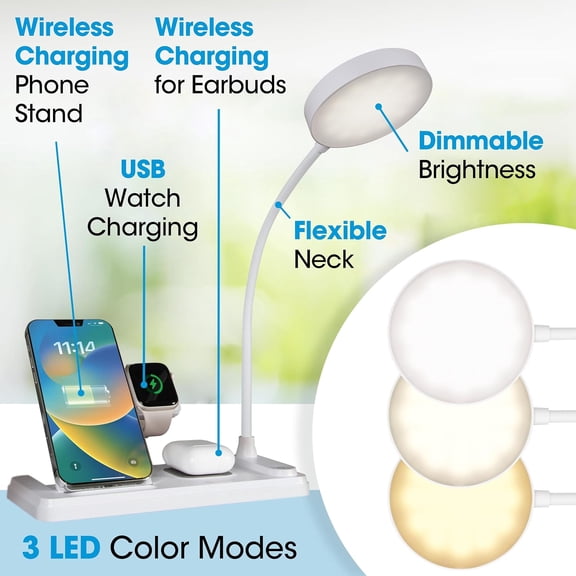LED Desk Lamp with Charging Station, Multi-Device Desk Lamp with Wireless Charger, Book Light, Table Lamp Reading Light, Work Light, Desk Lights for Home Office or Bedside