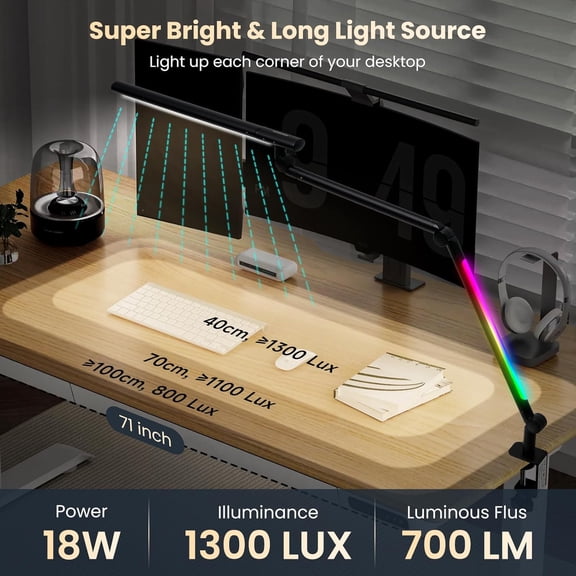 LED Desk Lamp with Clamp, 18W Dual Light Architect Desk Light, Adjustable Swing Arm RGB Light Sensor Switch, Eye-Caring 4 Modes Stepless Dimming Table Lamp for Home Office Reading Study Gaming