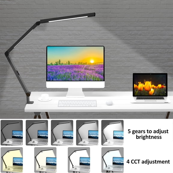 LED Desk Lamp with Clamp, Architect Desk Lamp for Home Office with Remote Control, Swing Arm Clamp on Computer Light, Clip-on Eye-Care Adjustable 5 Brightness Levels Table Light for Working Drafting