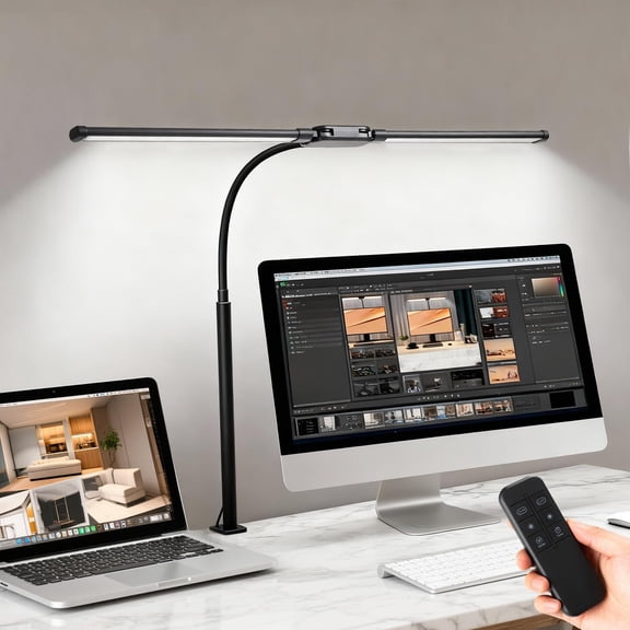 LED Desk Lamp with Clamp, Dual Head Desk Light for Home Office, Eye-Caring Monitor Desk Lamp with Remote, Flexible Gooseneck Architect Task Lamp, 10 Brightness Levels & 5 Color Modes Black