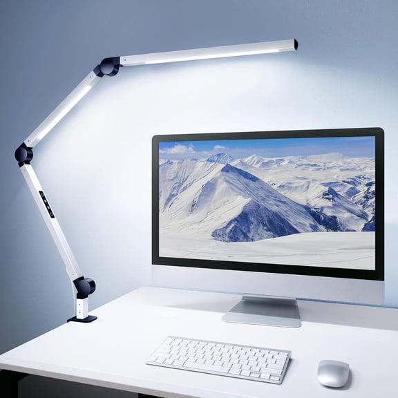 LED Desk Lamp with Clamp, Dual Light Desk Lamp with Swing Arm, Dimmable 4 Color Modes & 4 Brightness Table Lamp, Eye-Caring Clip-on Lamp with Memory Function for Home Office, White