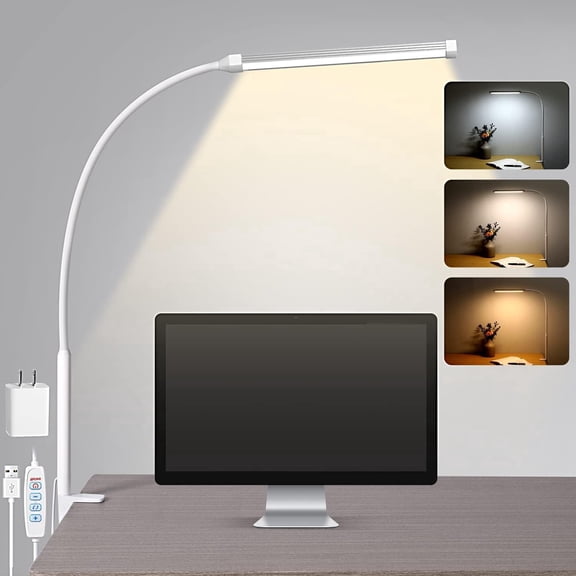 LED Desk Lamp with Clamp, Eye-Caring Clip on Lights for Home Office, 3 Modes 10 Brightness, Long Flexible Goose-Neck, Metal, Swing Arm Architect Task Table Lamps with USB Adapter, White