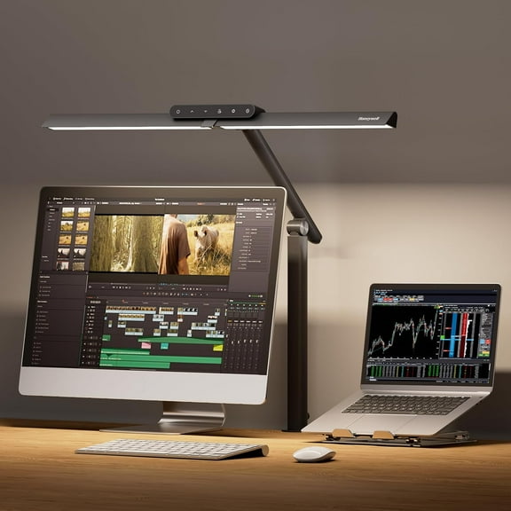 LED Desk Lamp with Clamp - HJ1 Sunturalux Eye-Caring Clip on Lights for Home Office, 1200LM Clamp Lamp 4 Color Modes Stepless Dimming Task Desk Light for Working Black