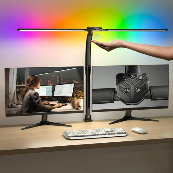 LED Desk Lamp with Clamp for Home Office, 24W Ultra Bright Architect Light with RGB Ambient, Auto Dimming & Eye-Caring, Adjustable Arm, Touch Control Table Lamp