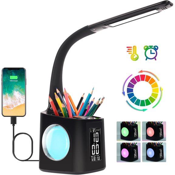 LED Desk Lamp with Clock,Color Changing Nightlight,Study Lamp with Pen Holder,Desk Light with USB Charger,Table Light for Home,Office,Gift for Kids,Students,Women,Black