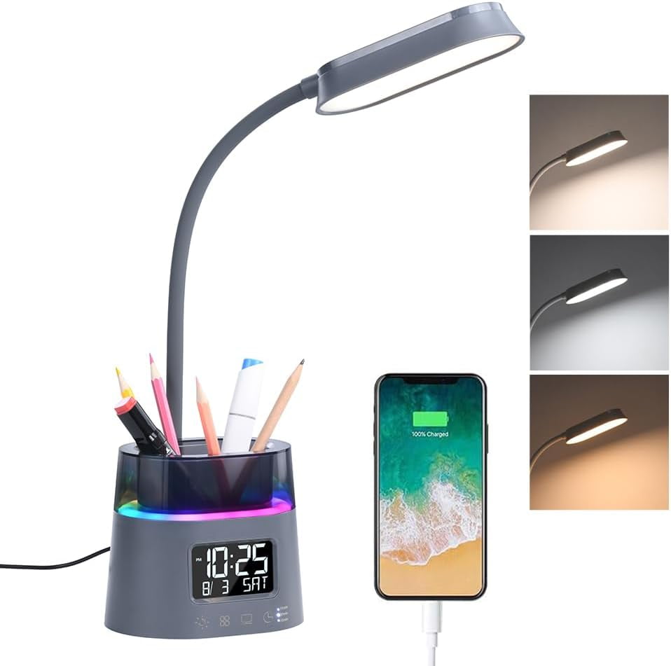 LED Desk Lamp for College Dorm Room Essentials, Students Study Lamp with Charging Station, Pen ...