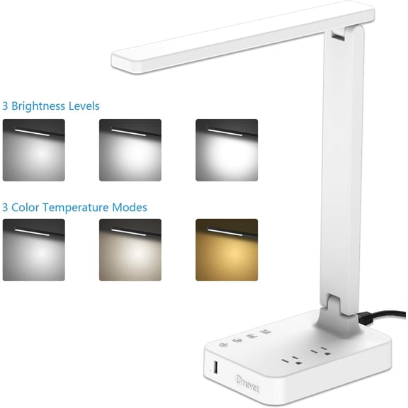 LED Desk Lamp, Desk Light with 1 USB Charging Port and 2 AC Power Outlet, 3 Lighting Modes, 3 Level Brightness,1H Timer, Touch Control, Eye-Caring Home Office Foldable Table Lamp (White)