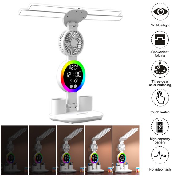LED Desk Lamp with Fan, 3 Color Modes Eye Caring Foldable Table Light with Digital Clock Temperature Display, Touch Control USB Charging Study Lamp with Pen Holders for Kids Students Office Work