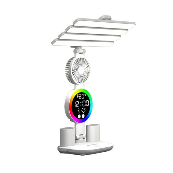 LED Desk Lamp with Fan Clock Pen Holder RGB Light, Rechargeable Folding Study Lamp, Multi Function Dormitory Reading Light for Student Bedroom Office Smart Desktop Lighting Lamp