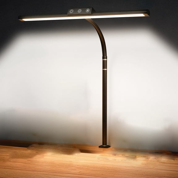 LED Desk Lamp with Flexible Gooseneck, 5 Color Temperatures 3000K 6800K, Stepless Dimming Touch Control, Clamp Mount Eye Caring Light for Office, Study, Reading, Workbench, Black