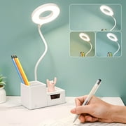 LED Desk Lamp | Foldable Plug-In Reading Light | 3 Color Temperature Adjustable 3000K 4500K 6000K | Stepless Dimming Eye Protection | Phone Pen Holder | 16.3in White | USB Charging