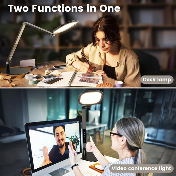 LED Desk Lamp for Home Office, 15W Computer  Lighting with CRI >95, Memory & Timer Function, 1200LM Dimmable Desktop Ring Light for Video Calls, Conference, Reading, Streaming, Study