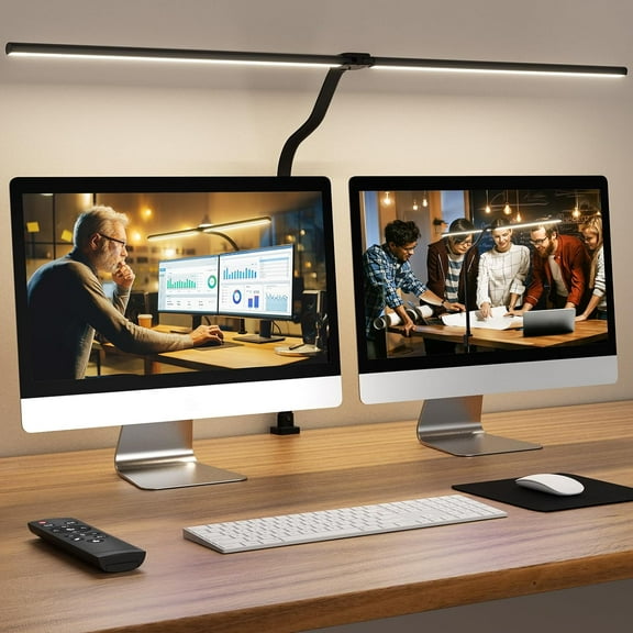 LED Desk Lamp for Home Office, 24W Computer Desk Light with Remote Control, Bright Table Lamp with Clamp Dimmable Tall Desktop Lighting with Bendable Gooseneck, Double Head, Black