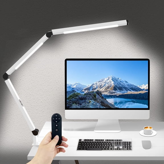 LED Desk Lamp for Home Office, Architect Clamp Desk Lamp with Remote Control, Adjustable Dimmable Swing Arm Clamp on Table Light Clip-on Dual Light 5 Brightness Levels & 4 CCT Modes