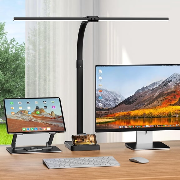 LED Desk Lamp for Home Office,Computer Desk Light with Remote Control, Bright Table Lamp with Clamp Dimmable Tall Desktop Lighting with Bendable Gooseneck, Double Head,