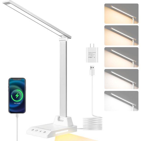 LED Desk Lamp for Home Office, Dimmable Desk Light with 25 Lighting Combinations and USB Port, Memory and Timer Folding Reading Light for Study Nightstand, White