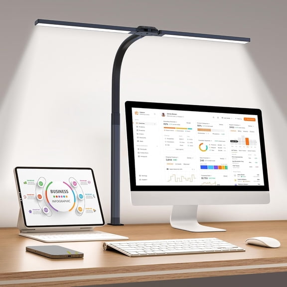LED Desk Lamp for Home Office, Eye-Caring Light with Clamp, 24W Double Head Architect Task Stepless Dimming, Flexible Gooseneck Bright Table Study Reading Workbench Drafting