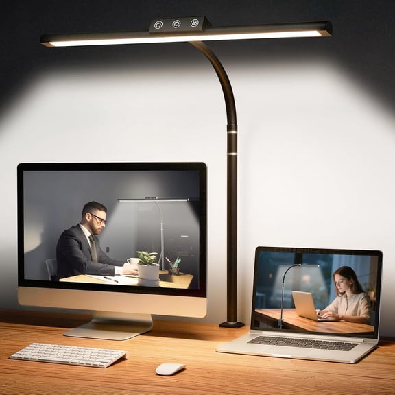 LED Desk Lamp for Home Office, Flexible Gooseneck Desk Lamp with Clamp, 5 Color Touch Control Stepless Dimming Adjustable Eye-Caring Desk Light with Adapter for Reading, Study, Workbench (Black)