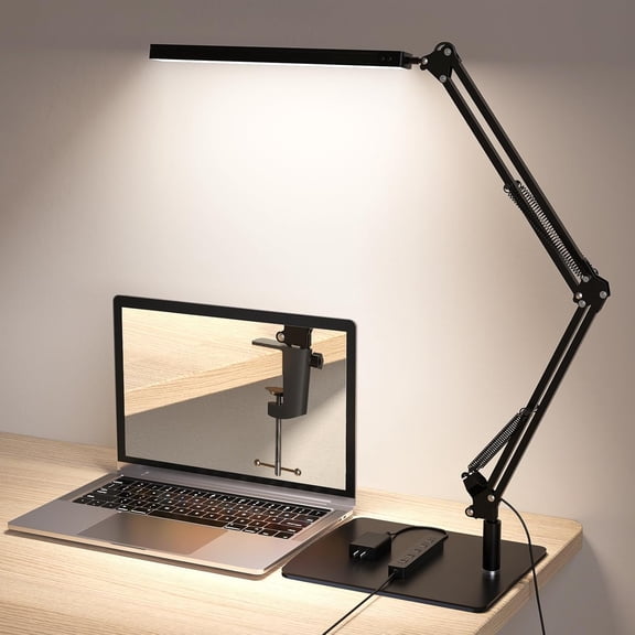 LED Desk Lamp for Home Office and Round Base, Clamp-On with 5 Light Modes & Auto Shut Off | 14W Adjustable Brightness 5000K Eye-Caring Lighting for Study/Bedroom/Computer Desk