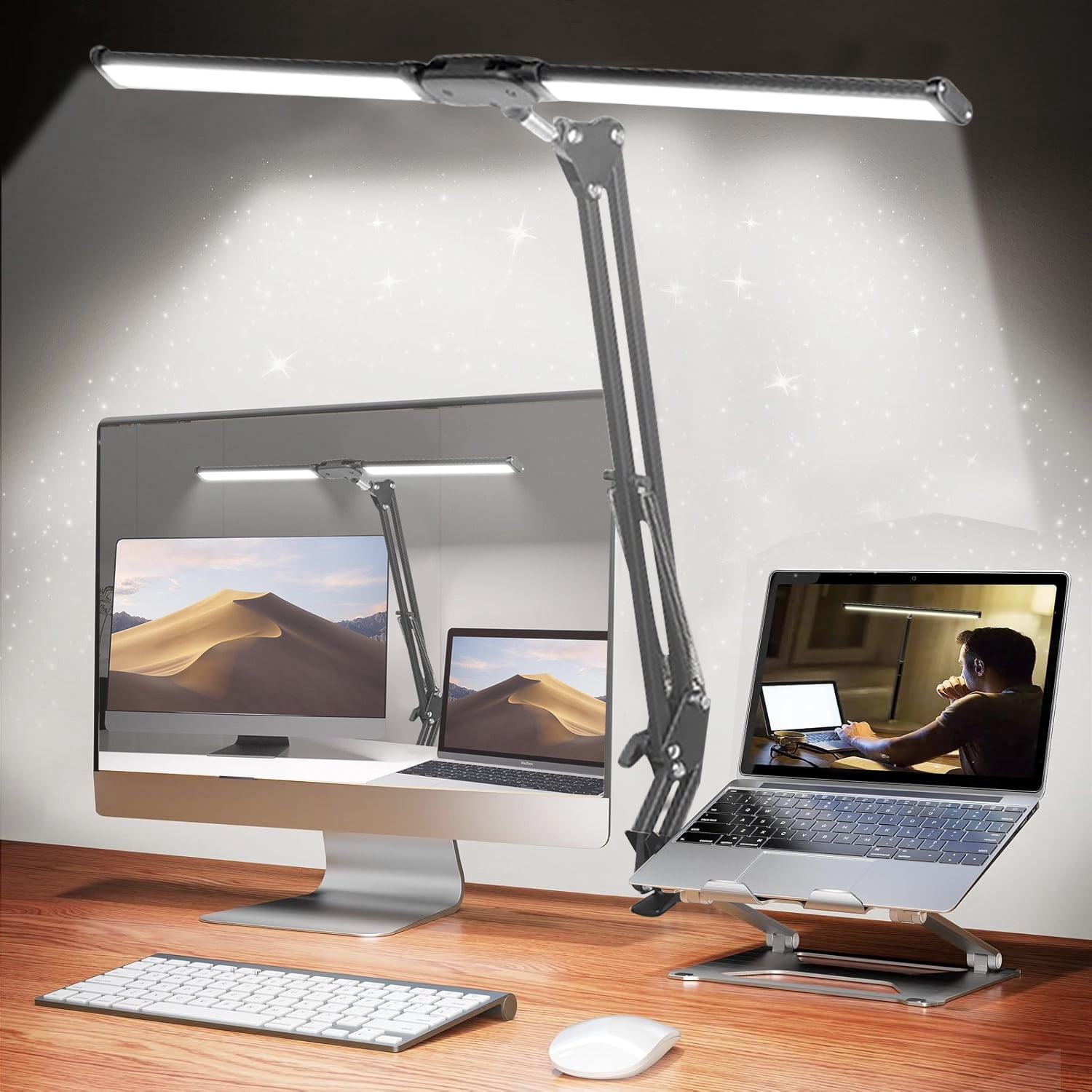 LED Desk Lamp for Home Office, Tall Double Head Desk Lamp with Clamp, Architect Desk Light, Foldable Computer Desk Light for Reading Study Work Gaming