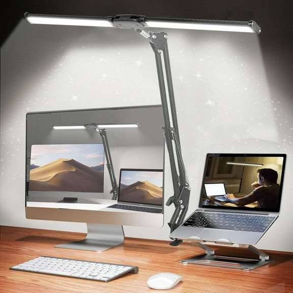 LED Desk Lamp for Home Office, Tall Double Head Desk Lamp with Clamp, Architect Desk Light, Foldable Computer Desk Light for Reading Study Work Gaming
