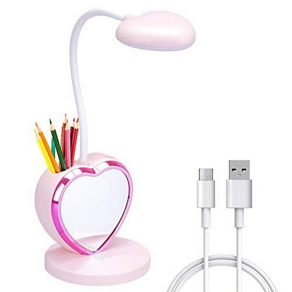 LED Desk Lamp for Kids, Small Desk Lamp with USB Charging Port & Pen Holder and Phone Stand, Cute Lamp with 2 Color Modes,Eye-Caring Study Table Lamp Pink for Girls College Dorm Bedroom Reading