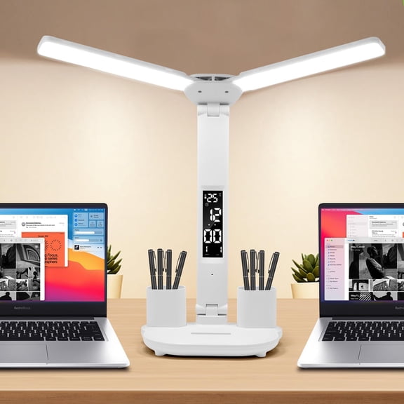 LED Desk Lamp Light with 2 Pen Holders, Time, Date, Temperature Display, Dimmable, 3 Color Modes, Touch Control, Foldable,Eye-Caring Table Lamp for Office Home Reading Study
