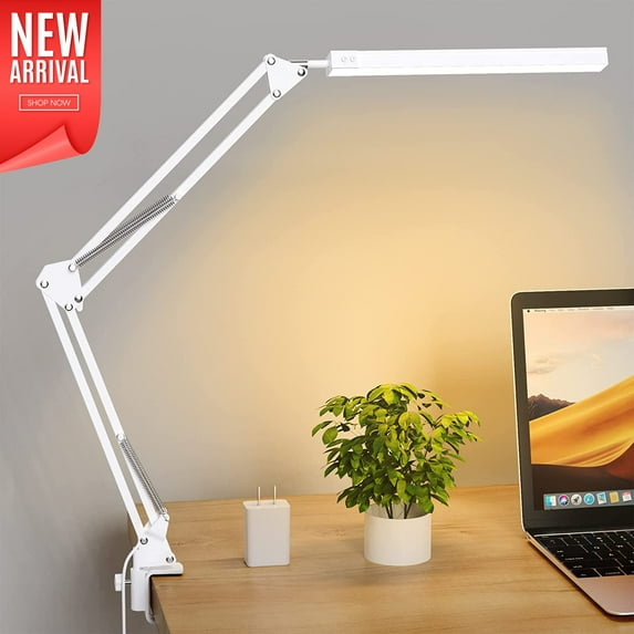 LED Desk Lamp, Metal Swing Arm Desk Lamp with Clamp, Eye-Caring Architect Desk Light, Dimmable Table Lamp with 3 Color Modes 10 Brightness Levels & Adapter