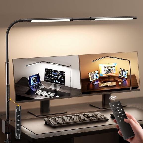 LED Desk Lamp for Office, Eye-Caring Desk Light with Adjustable Gooseneck, Dual Screen Light with Stepless Dimming, Stepless Color Temp, Memory Function for Study, Workbench
