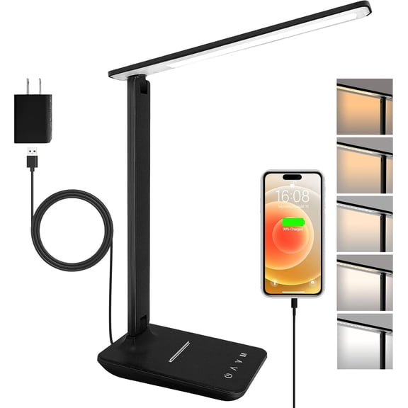 LED Desk Lamp for Office Home, Bright Desk Light with USB Charging Port, Adjustable Dimmable Desk Lamps 5 Modes 5 Brightness, Touch Study Lamp for Nail, Craft, Puzzle, Sewing, Study, Black