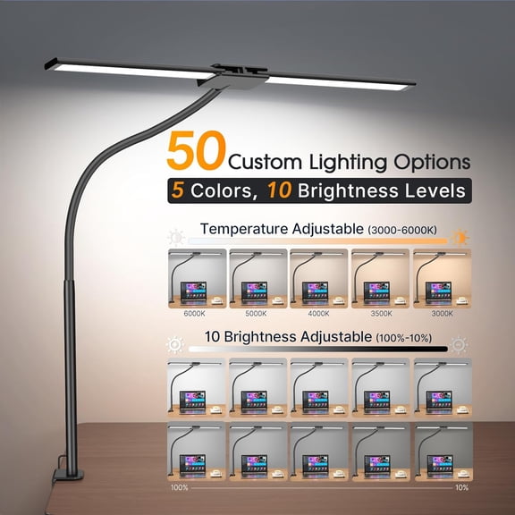 LED Desk Lamp for Office Home, Dual Head Eye-Care Architect Table Lamp, Gesture/Wired Control, Flexible Neck, Bright Desk Light with Memory/Timer, 50 Lighting Modes for Study, Reading, Drafting