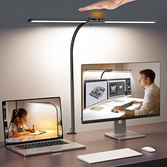 LED Desk Lamp for Office Home Eye Caring Dual Head Desk Light with Flexible Goose-Neck, Clamp, Gesture/Wired Control, Lighting Modes with Memory/Timer, Table Lamp for Study, Drafting