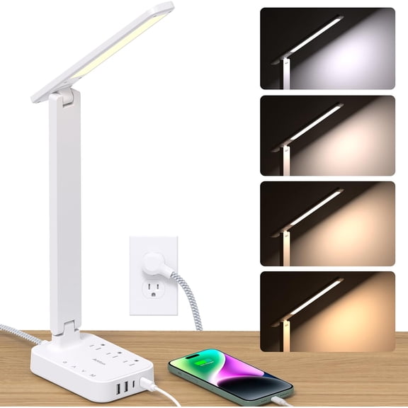 LED Desk Lamp, Power Strip with 3 Outlets 4 USB Charging Ports(2 USBC), 4 Modes 5 Level Brightness Touch Lamp, Small Desk Lamp for Home Office College Dorm Room Essentials