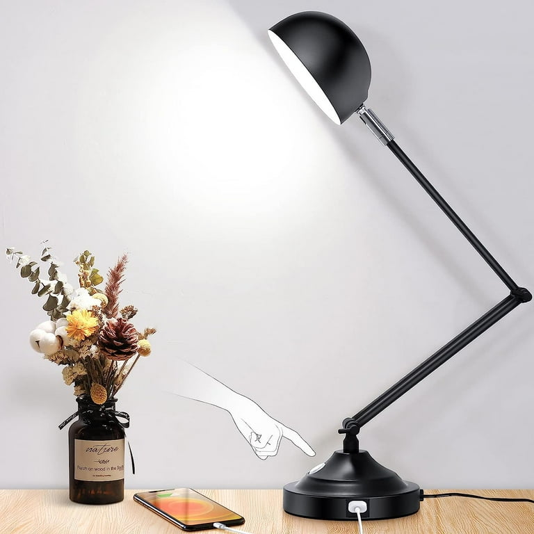 LED Desk Lamp with USB Charging Port Architect Black Metal Lamp with Adjustable Swing Arm Dimmable Modern Table Lamp for Home Office Reading Study