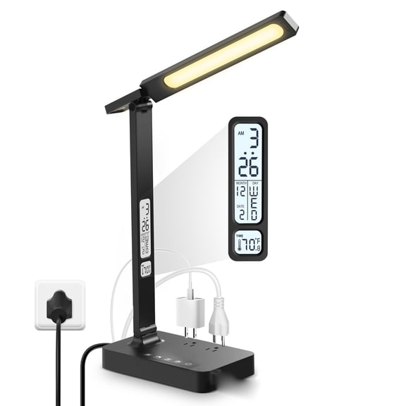 LED Desk Lamp with USB Charging Ports, 2 AC Outlets, Stepless Dimmable Eye Care Light, 5 Color Modes, LCD Display, Foldable Design for Office Study Bedroom, Black