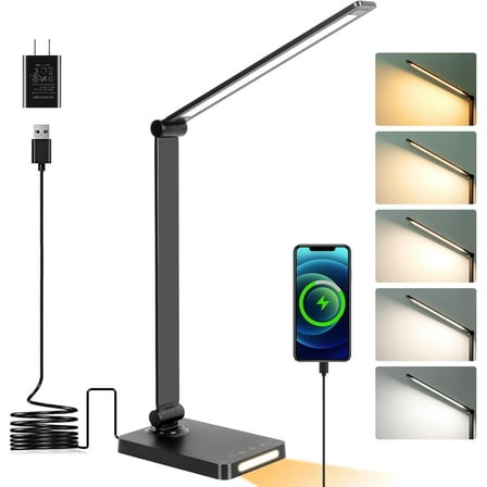 LED Desk Lamp with USB Ports,Touch Desk Lamps for Home Office with 5 Color Modes,3 Brightness Desk Light with Small Night Light,Reading Lamp Table Lamp for Bedroom Bedside Study Black （with adapter）