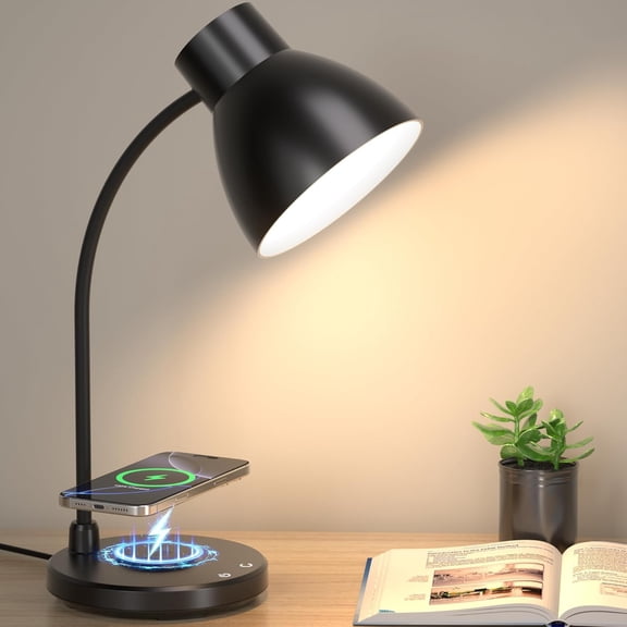 LED Desk Lamp with Wireless Charger Dimmable Eye Caring Desk Light 3 Color Modes Adjustable Study Reading Table Lamp Flexible Arm Small Desk Lamp for Home Office Bedroom Dorm Bedside Black